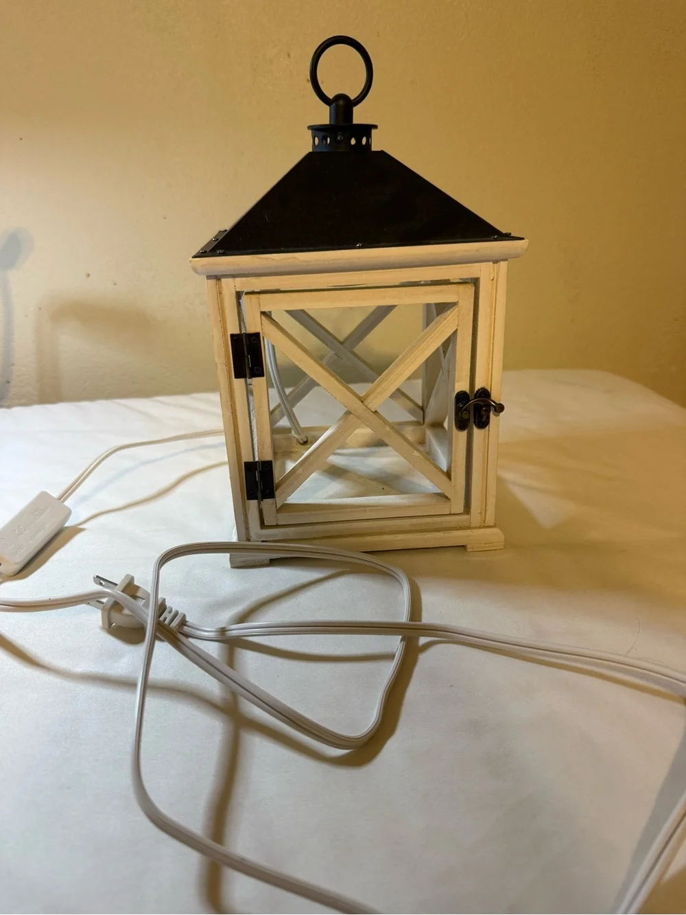 Distressed White Wood Lantern with Black Metal Roof - Home Accents